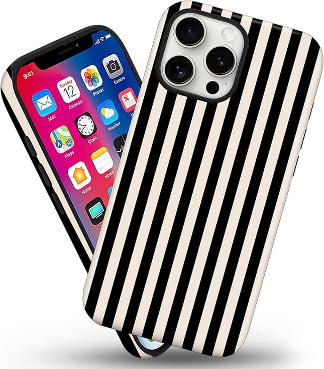 Magnetic for iPhone 13/14 Case Cute Stripes Phone Case, Shockproof Slim TPU and Hard PC Protective Phone Cover Compatible with MagSafe Designed for Women Girls, Black and White