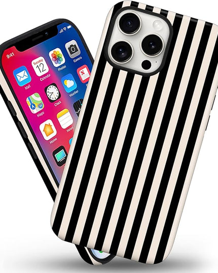 Magnetic for iPhone 15 Pro Max Case Cute Stripes Phone Case, Shockproof Slim TPU and Hard PC Protective Phone Cover Compatible with MagSafe Designed for Women Girls, Black and White