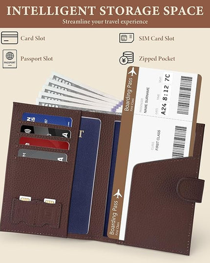 Genuine Leather Passport Holder for Women Men, Hidden Airtag Pocket, RFID Blocking, Zippered Coins Pocket & Cash Compartment Travel Gifts Essentials Passport Cover Case - Coffee
