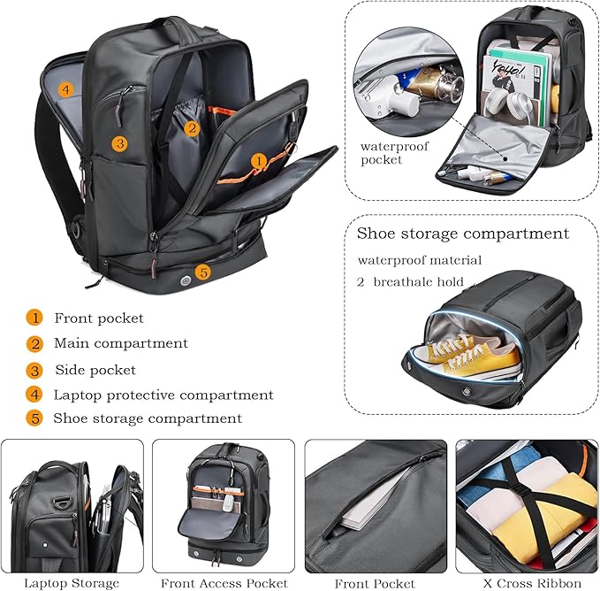 Somago 16 Inch Laptop Backpack Water Resistant Carry On Daypack Backpack Anti Theft Travel Rucksack Backpack with Shoe Compartment Shoulder Strap for Men Women, 33L (Grey)