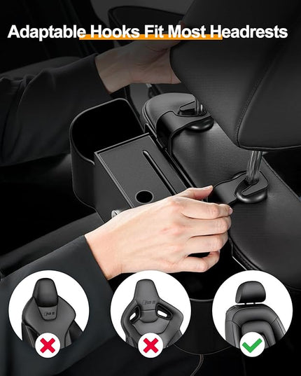 3-in-1 Car Organizers and Storage Box, Multifunctional Car Seat Back Storage Box with Tissue Holder, 2 Cup Holders & Purse Hooks, Back Seat Car Organizer for Kids and Travel (Black)