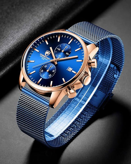 GOLDEN HOUR Mens Watch Fashion Sleek Minimalist Quartz Analog Mesh Stainless Steel Waterproof Chronograph Watches for Men with Auto Date