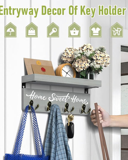 buways Key Holder Wall Mount with 4 Double Hooks-Solid Wood Wall-Mounted Organizer for Keys&Mail Rustic Key Rack Hanger Holder Home Decor for Entryway Living Room (Gray)
