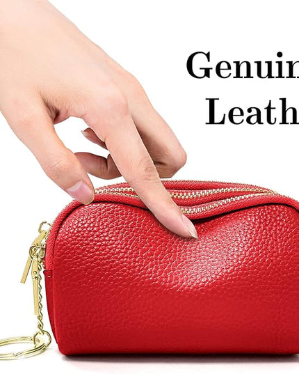 LINNO 3 Zippered Genuine Leather Coin Purse Triple Capacity Change Pouch Little Travel Wallet With Key Ring for Women