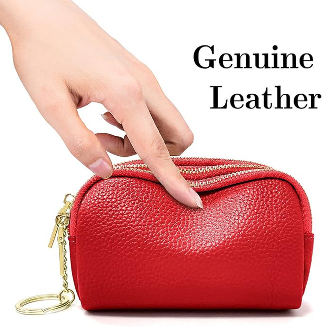 LINNO 3 Zippered Genuine Leather Coin Purse Triple Capacity Change Pouch Little Travel Wallet With Key Ring for Women