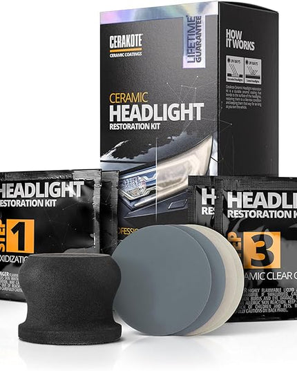 CERAKOTE® Ceramic Headlight Restoration Kit – Guaranteed To Last As Long As You Own Your Vehicle – Brings Headlights Back to Like New Condition - No Power Tools Required - 10 Wipe Kit