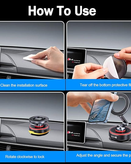 Magnetic Car Phone Mount, 120+ LB Vacuum Suction & 3000gf Magnetic Force, 360° Triple-Axis Adjustable Car Holder for iPhone & All Phones, Twist-Lock Suction Cup, Quick-Release – Black