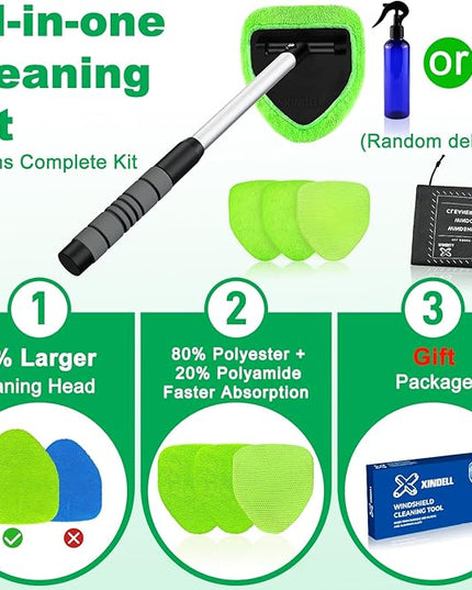 XINDELL Windshield Cleaner Tool – Car Interior Window Cleaning Kit with Extendable Handle & 4 Microfiber Pads, Auto Wiper Inside Windshield Brush for Car & Home Windows
