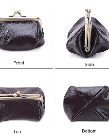 Plinvo Mini Genuine Leather Coin Purse for Women Vintage Kiss Lock Change Organizer Blue (Coffee)