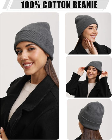 100% Cotton Beanie Hat- Unisex Ultra Soft Winter Warm Stretch Knit Cuffed Hats Fisherman Beanies Skull Cap