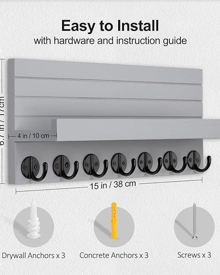 Lwenki Key Holder Wall Mount, Entryway Key and Mail Holder with 7 Sturdy Hooks for Sunglasses, Dog Leash, Decorative Wall Shelf with Mounting Hardware, 15”W x 6.7”H x 4.2”D (Gray)