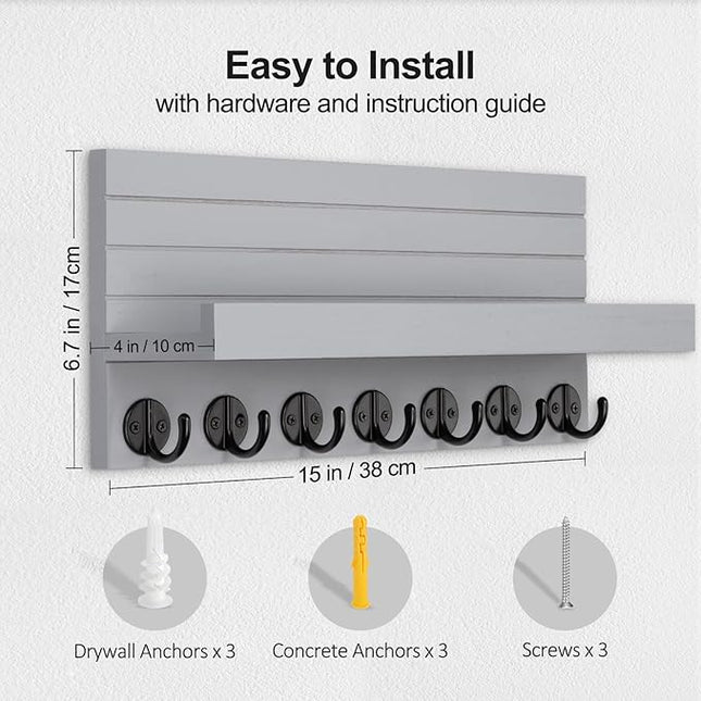 Lwenki Key Holder Wall Mount, Entryway Key and Mail Holder with 7 Sturdy Hooks for Sunglasses, Dog Leash, Decorative Wall Shelf with Mounting Hardware, 15”W x 6.7”H x 4.2”D (Gray)