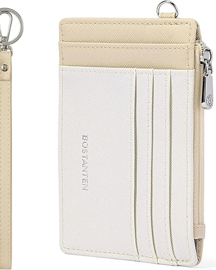 BOSTANTEN Small Wallet For Women RFID Leather Credit Card Holder Slim Wristlet Keychain Wallet With Zipper Pocket Beige＆Apricot