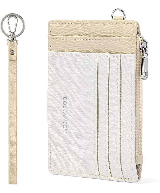BOSTANTEN Small Wallet For Women RFID Leather Credit Card Holder Slim Wristlet Keychain Wallet With Zipper Pocket Beige＆Apricot