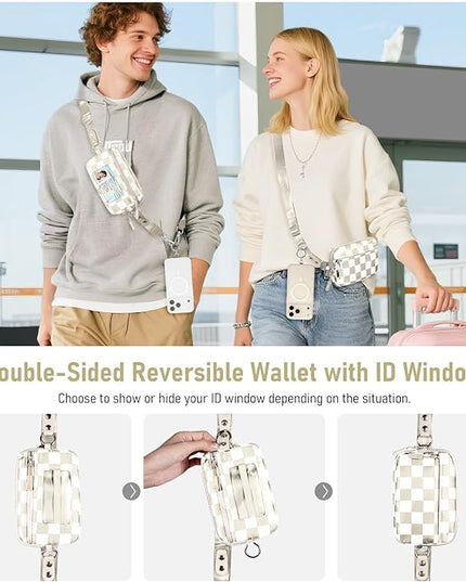 Clip and Go Strap for Phone with Wallet Crossbody Phone Lanyard and Detachable Checkered Bag with ID Window and RFID Pouch for Daily Travel.