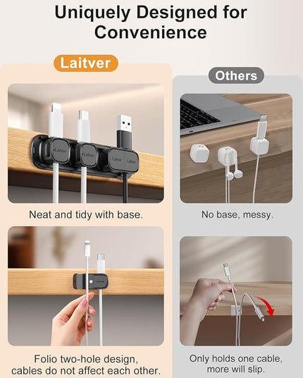 6 Pack Magnetic Cable Clips [1s Open/Lock], Laitver Cord Organizer Holder Strong Adhesive Desk Cable Management- Organize Charging Cords Neatly for Home, Office, Car,Desk, Nightstand-Black