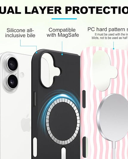 Magnetic for iPhone 17 Case Cute Wavy Stripes Phone Case, Shockproof Slim TPU and Hard PC Protective Phone Cover Compatible with MagSafe Designed for Women Girls, Pink