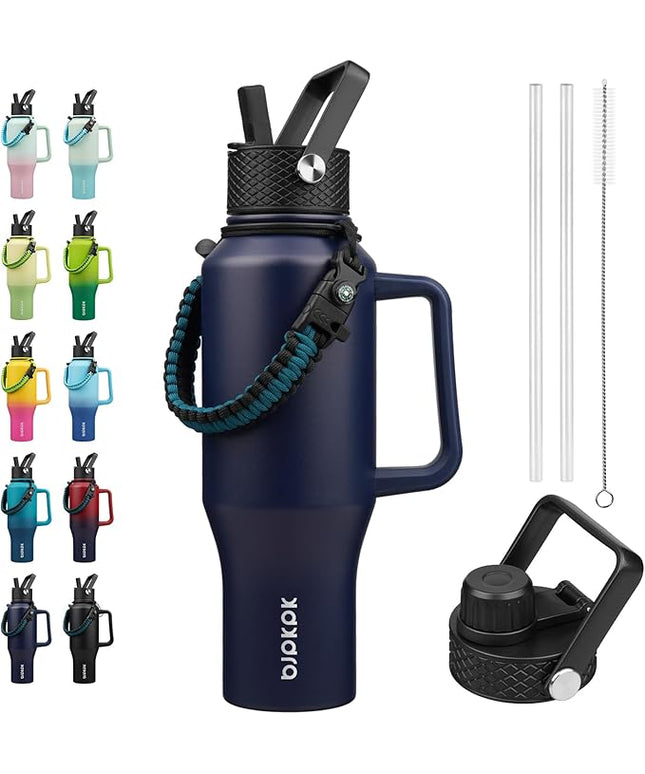 BJPKPK Insulated Water Bottles with Straw Lid, 35oz Metal Water Bottle with 2 lids & Paracord Strap, Double Wall Stainless Steel Tumbler with Handle, Reusable Cups, Mugs, Thermo, Navy Blue