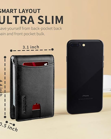 RUNBOX Slim Money Clip Wallets for Men RFID Blocking 11 Card Holder Minimalist Small Thin Carbon Leather Bifold Mens Front Pocket Wallet Gift Box