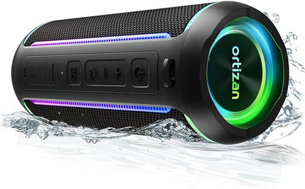 Ortizan Portable Bluetooth Speaker, 40W Loud Sound and Deep Bass, IPX7 Waterproof, True Wireless Stereo, Bluetooth 5.3, Colorful Flashing Lights, Preset EQ, USB Play, for Home, Outdoor, Party, Black