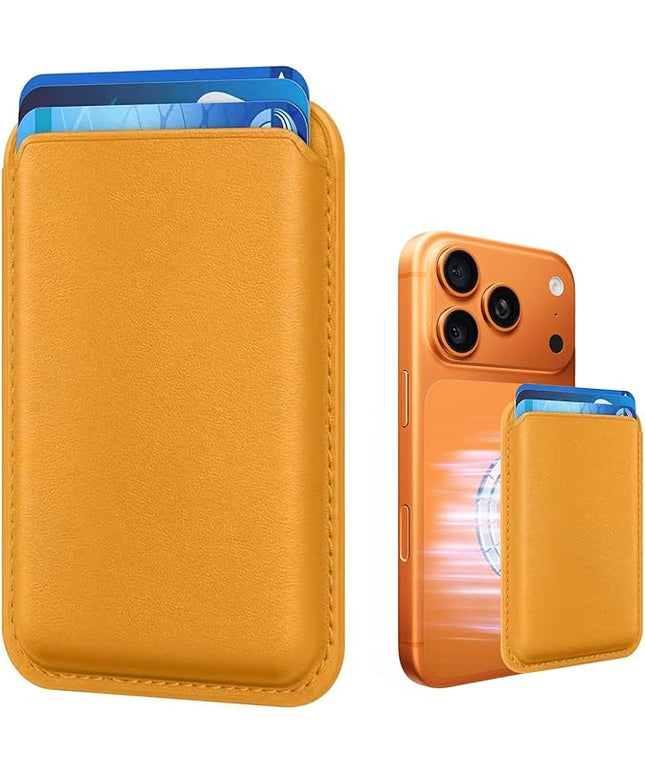 Magnetic Mag-safe Wallet Cell Phone Card Holder for iPhone 15 Series, Stronger Magnetic RFID Leather Phone Wallet Stick on Series of iPhone 17/16/15/14/13/12 Pro/Promax, Yellow