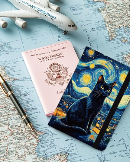 Starry Sky Passport Holder Cat Passport Cover for Travel PU Leather Passport Case with Credit Card Slots for Women Men Business Tourism
