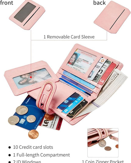 TFKGS Small Wallet for Women Vegan Leather RFID Blocking Bifold Compact Credit Card Holder with Zipper Coin Pocket Pink