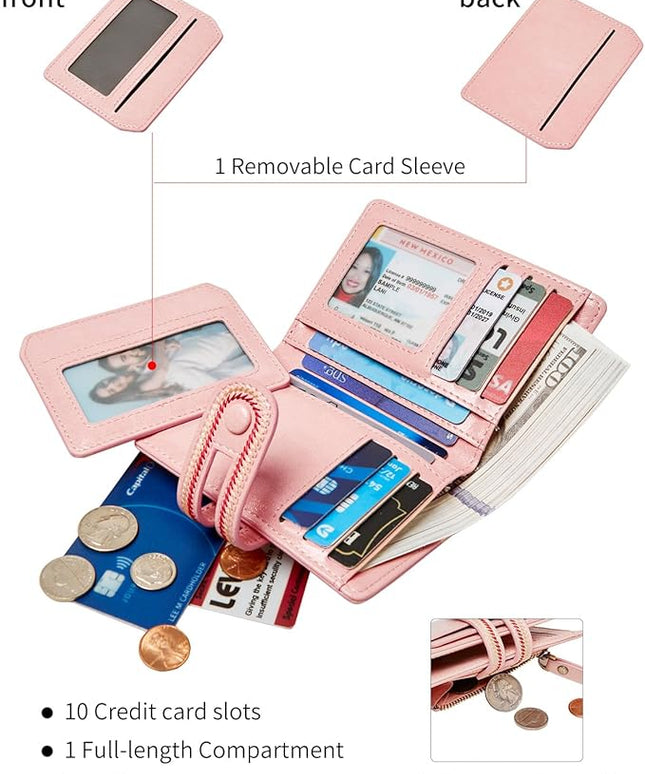 TFKGS Small Wallet for Women Vegan Leather RFID Blocking Bifold Compact Credit Card Holder with Zipper Coin Pocket Pink