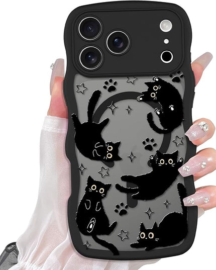 Cute Case for iPhone 17 Pro Max Case [Compatible with MagSafe] with Kawaii Black Cats Cat Print Pattern Design for Women Girls, Soft Wavy Edge Anti-Slip Animal Magnetic Protective Phone Cover