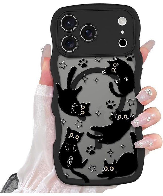 Cute Case for iPhone 17 Pro Max Case [Compatible with MagSafe] with Kawaii Black Cats Cat Print Pattern Design for Women Girls, Soft Wavy Edge Anti-Slip Animal Magnetic Protective Phone Cover