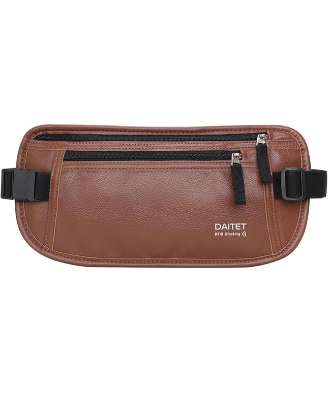 PU Leather Money Belt - Passport Holder Secure Hidden Travel Wallet with RFID Blocking, Undercover Fanny Pack(Brown)