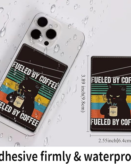 Phone Card Holder, Dual Pocket Leather Wallet Adhesive Stick On, Cute Credit Card Holder for Smartphones Case Compatible with Most Phone（Cat drinking coffee）