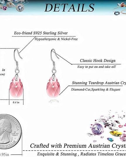 Teardrop Austrian Crystal Drop Dangle Earrings for Women 925 Sterling Silver Hook Hypoallergenic Jewelry