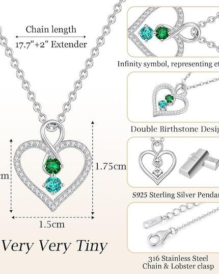 LOUISA SECRET Infinity Double Birthstone Necklace, 925 Sterling Silver Tiny Pendant Heart Necklace for Women Wife Her, Best Jewelry Gift Heart Jewelry Meaningful Gift for Valentine's Day, Christmas, Birthday Anniversary