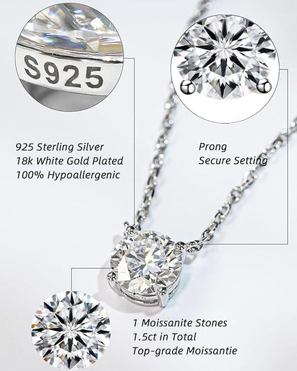 IMOLOVE Moissanite Solitaire Pendant Necklaces for Women Sterling Silver with 18K White Gold Plated 1-3 Carat D Color VVS1 Clarity Mossanite Jewelry for Women