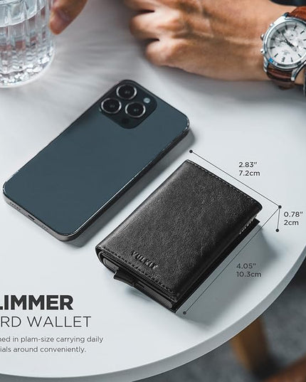 VULKIT Pop up Card Wallet Minimalist Cash Wallets RFID Blocking Leather Smart Credit Card Holder with ID window for Men(Black)