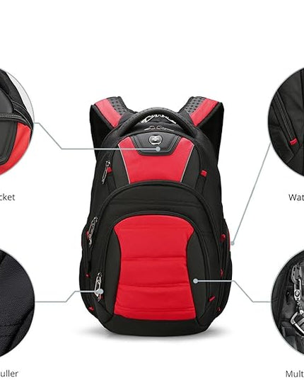 Swissdigital Design Men's Laptop Backpack for College and Business Travel with Integrated USB Charging Port and RFID Protection Fits 15.6" Laptops Black/Red | J14-41