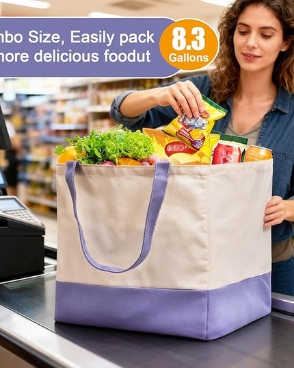 Reusable Grocery Bags Heavy Duty, 8.3 gal Foldable Large Canvas Tote Bag with Handles, Holds 60 lbs Canvas Shopping Bags, 1 Pack（Off White+Light purple）