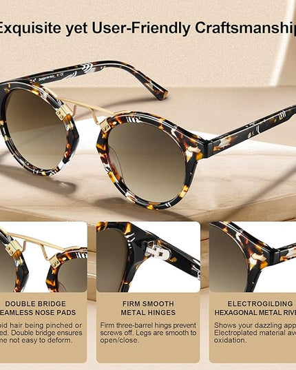 CARFIA Small Face Acetate Polarized Sunglasses for Women UV Protection, Retro Double Bridge Eyewears Metal Brow Round Sunnies