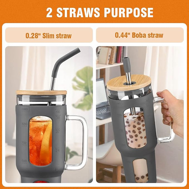 Glass Tumbler with Lid and Straw, 46 oz Iced Coffee Cup with Handle, Large Water Bottles with Silicone Sleeve, Glass Cup with Straws - Pearl Straw & Drinking Straw BPA Free-Grey