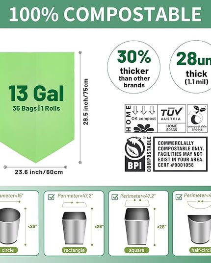 13 Gallon Trash Bags Compostable Compost Large Garbage Bag Extra Thick 1.1 Mil for Kitchen Bathroom BPI Certified 35 Counts, Green