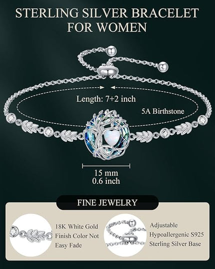 TOUPOP Tree of Life Birthstone Bracelet 925 Sterling Silver Family Tree Austrian Crystal Jewelry Anniversary Birthday Christmas Gifts for Women Wife Girlfriend Her