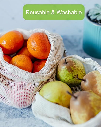 KerKoor Reusable Cotton Mesh Produce Bags - Produce Storage, Vegetable & Fruit Bags (6 Pack)