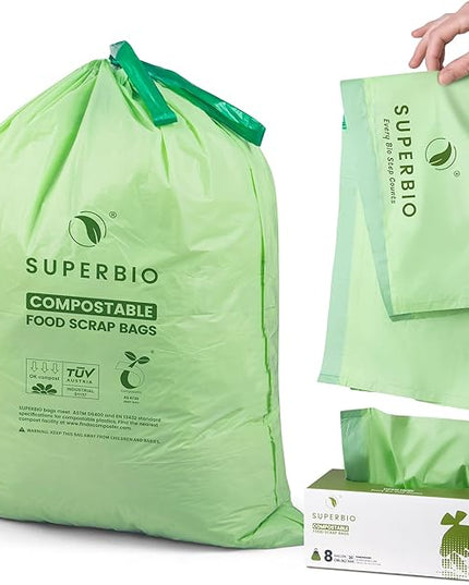 SUPERBIO 8 Gallon Compostable Drawstring Kitchen Waste Bags,30.3 Liter, 30 Count, 1 Mil,Heavy Duty Food Waste Bags, BPI, Seedling and OK compost INDUSTRIAL
