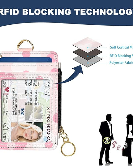 Slim Wallet Credit Card Holder, Pink Daisy, RFID Wallet Women Cute Small Front Pocket Wallet With Zipper, PU Leather Thin travel RFID Blocking Card Case ID Window,Ladies Gifts