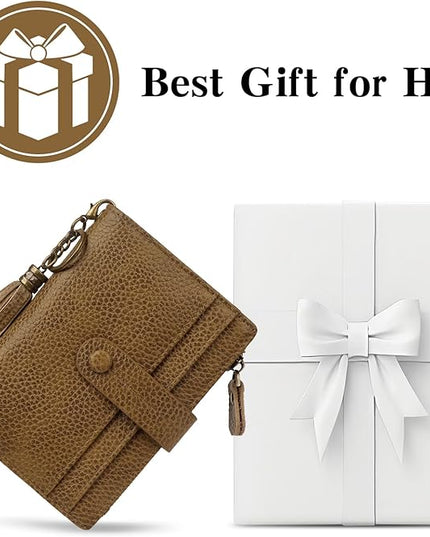 Blucoay Leather Wallet Women,RFID Blocking Small Wallet for Women Compact Card Holder Bifold Tassel Wallet Coin Purse With ID Window light khaki
