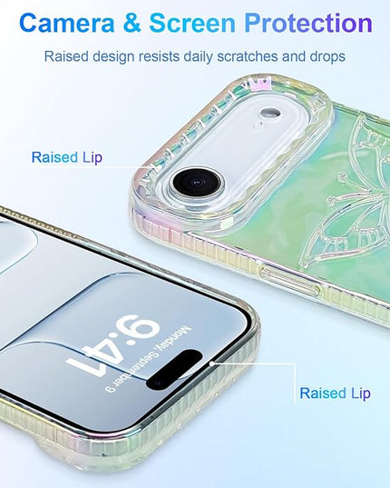 Cute Case for iPhone Air Case for Women Girls, with 3D Butterflies Pattern Design, Aesthetic Clear Iridescent Glitter Kawaii Girly Rainbow Protective Phone Cover