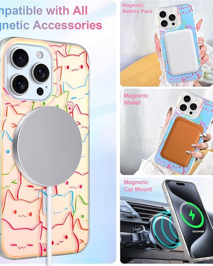 Cute Case for iPhone 15 Pro Case for Women Girls Boys [ Compatible with Magsafe ] Iridescent and Black Cats Cat Pattern Design, Kawaii Colorful Animal Soft Bumper Protective Phone Cover