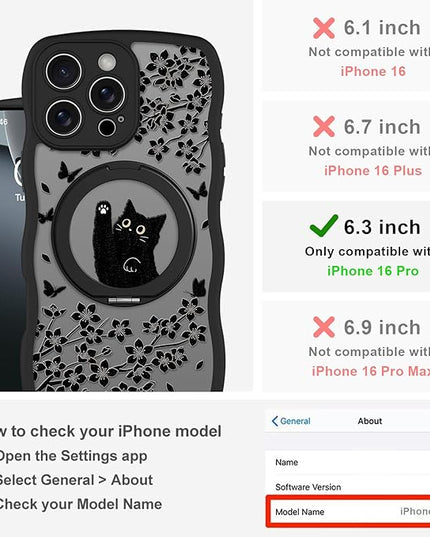 Wavy Case for iPhone 16 Pro Case with Stand [Compatible with MagSafe] Cute Black Cat & Floral & Butterflies Pattern Design, Kawaii 360 Magnetic Ring Kickstand Phone Cover for Women Girls