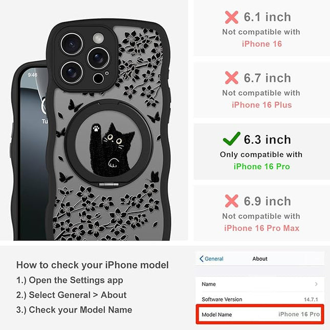Wavy Case for iPhone 16 Pro Case with Stand [Compatible with MagSafe] Cute Black Cat & Floral & Butterflies Pattern Design, Kawaii 360 Magnetic Ring Kickstand Phone Cover for Women Girls
